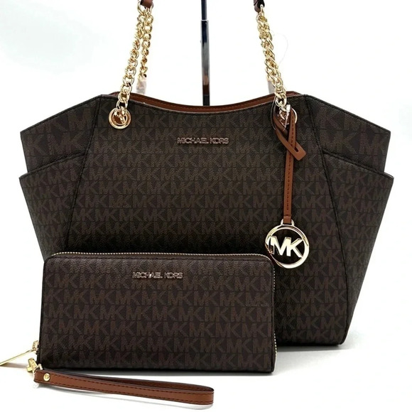 Michael Kors Large Jet Set Travel Chain Shoulder Bag & Continental Wallet Brown - Picture 1 of 15